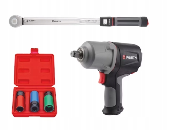 Zestaw do Wymiany Opon Würth – 5 Elementów: Klucz Udarowy DSS 1/2″, Klucz Dynamometryczny 40–200 Nm, Nasadki Udarowe 17/19/21 mm